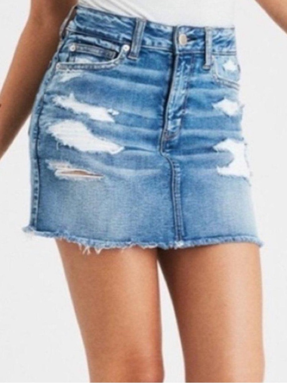 Y2K American Eagle Outfitters Light Blue Distressed Denim Stretch Mini Skirt
